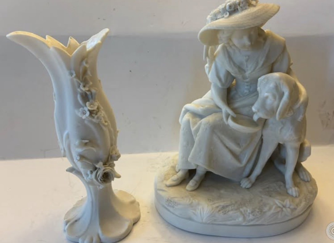 Antique Alcock English Parian Figure  Girl Feeding Bloodhound Dog  & vase c1870