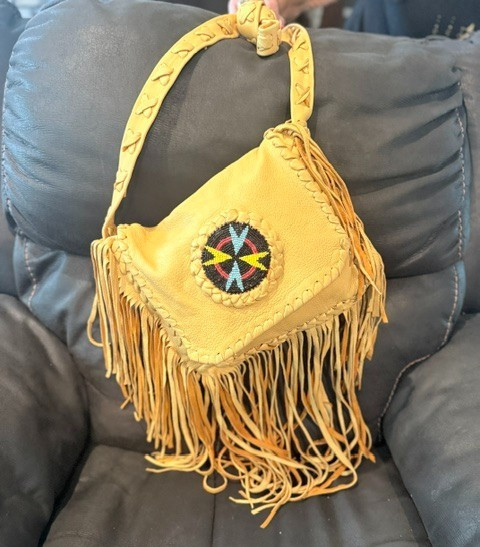 Vintage Handcrafted Buckskin Fringed Shoulder Bag Beaded Rosette & Braided Strap