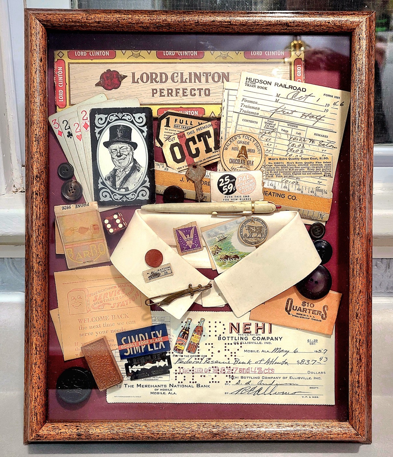 Ephermera Antique Mens Trinket Gambling  Box 1940s Shadowbox Framed Collage