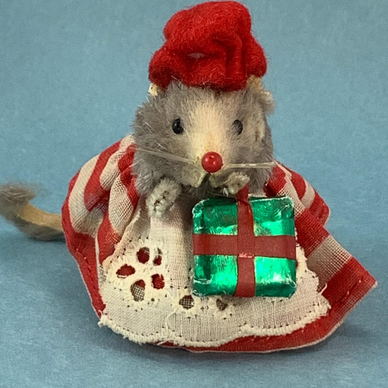 Vtg Real Fur Mouse Christmas Dress + Gift + Bonnet Original Fur Toys W Germany