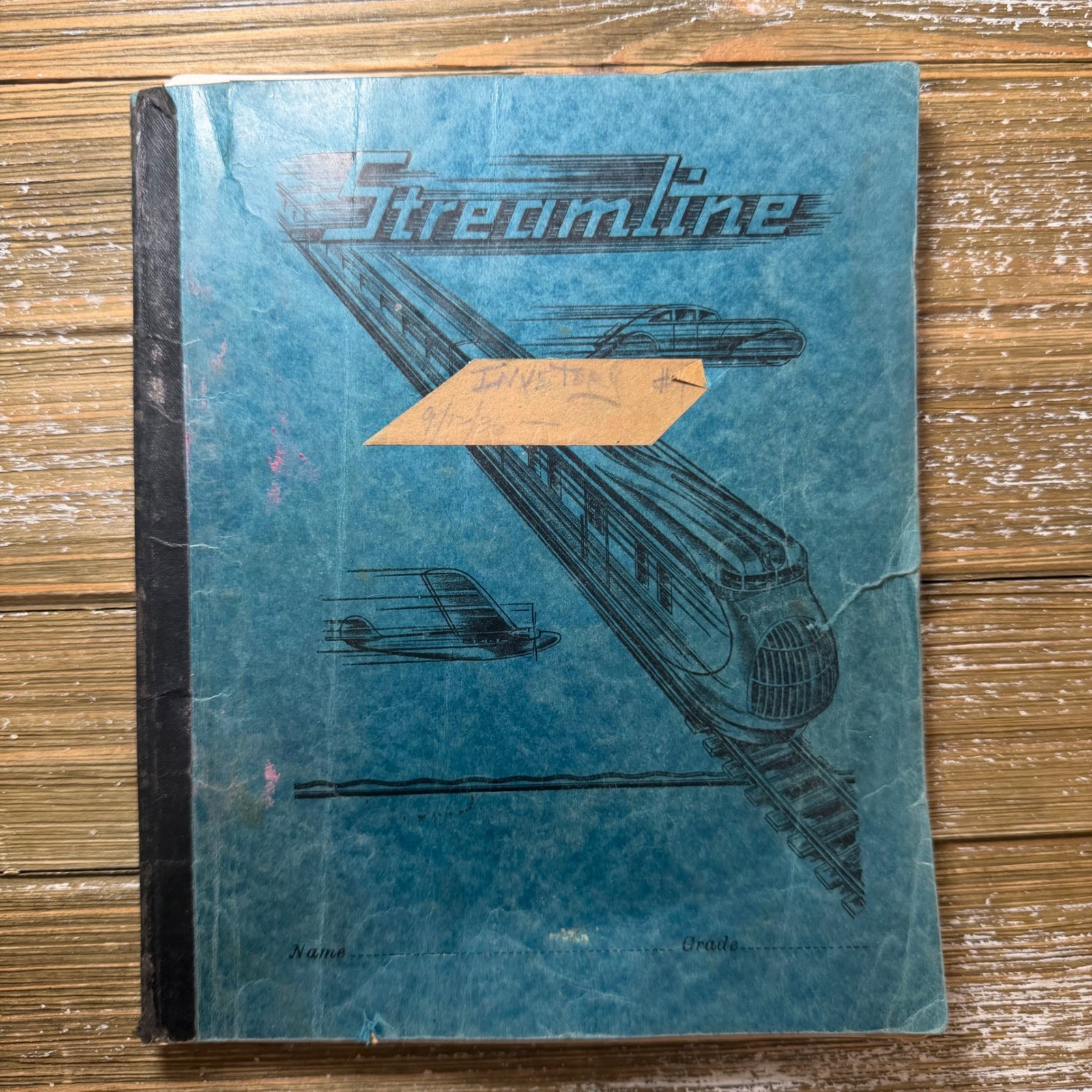 Vintage Streamline Notebook Handwritten Recipe Journal Art Deco Train Blue