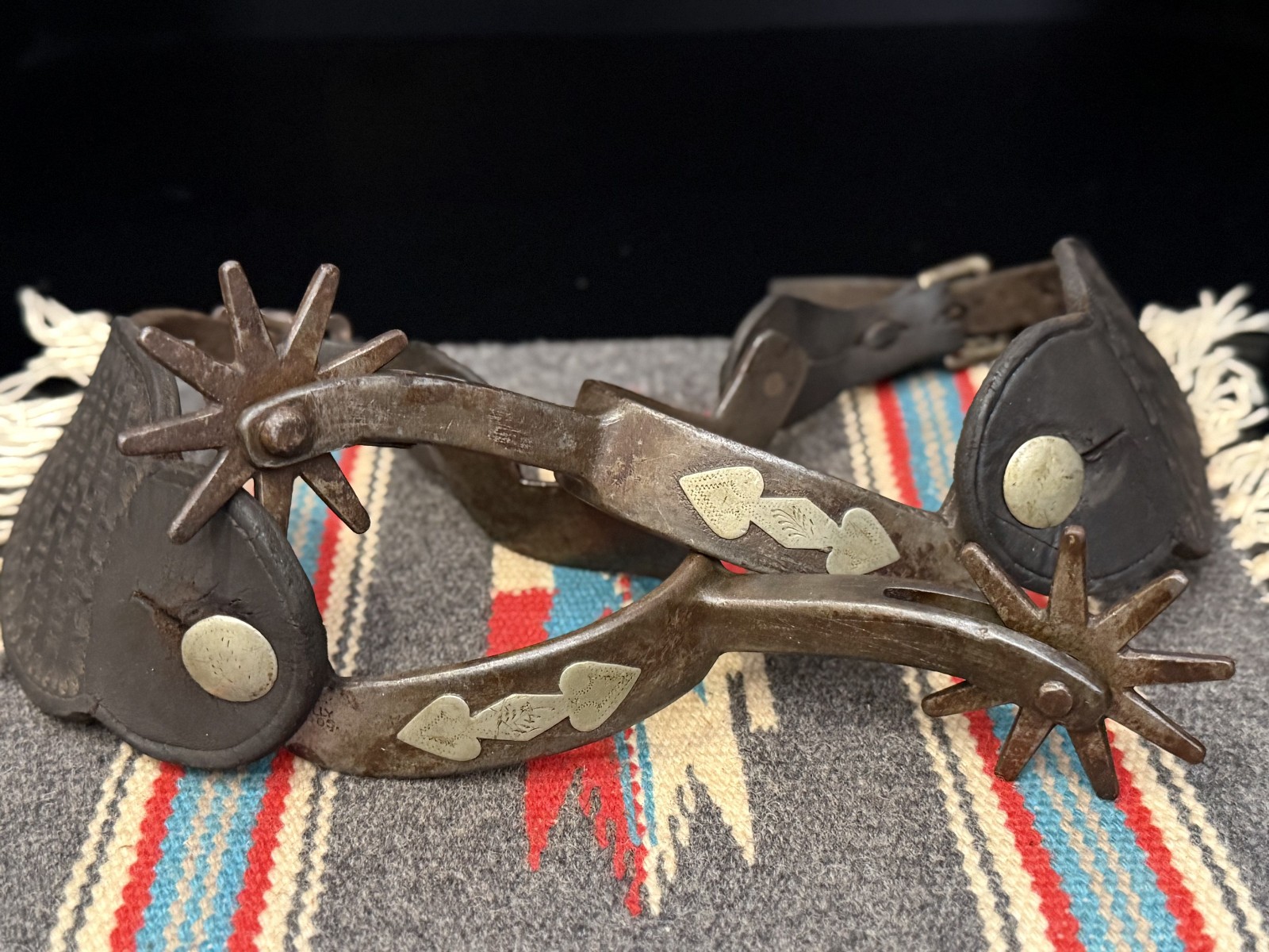 RARE Pair Of Kelly Bros No. 6 Silver Engraved Overlaid Spurs w/ Leather Straps
