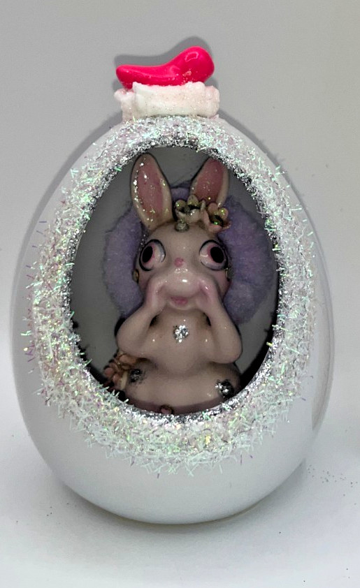 Vintage Ceramic Diorama Egg Pink Rhinestone Bunny  Deb O. Original Designs OOAK