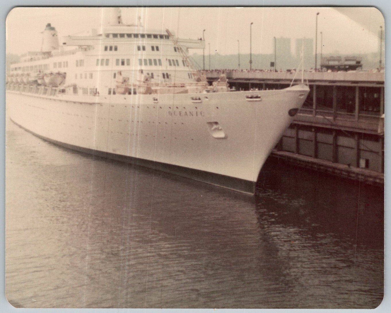 Vtg Color Snapshot Oceanic Ocean Liner Cruise Ship Docked Port Harbor Pier 1970s