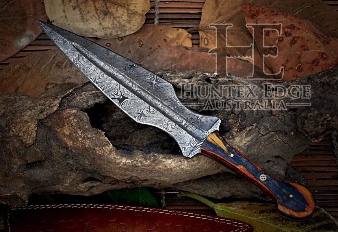 Custom Handmade Damascus Steel Double Edged Blade Dagger Knife Leather Sheath