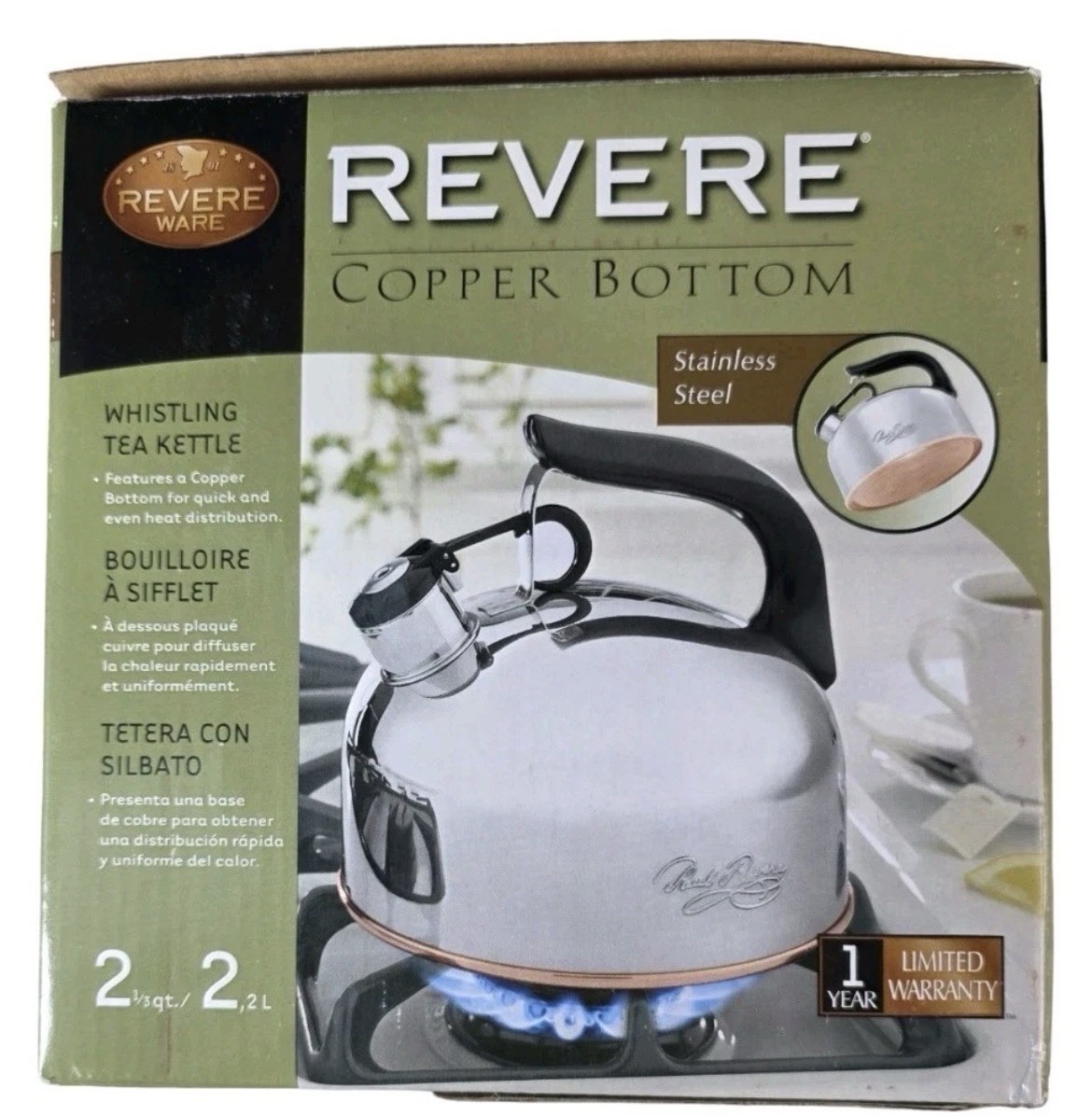Revere Stainless Copper Bottom Whistling Tea Kettle 2 1/3  Qt w/Open Box