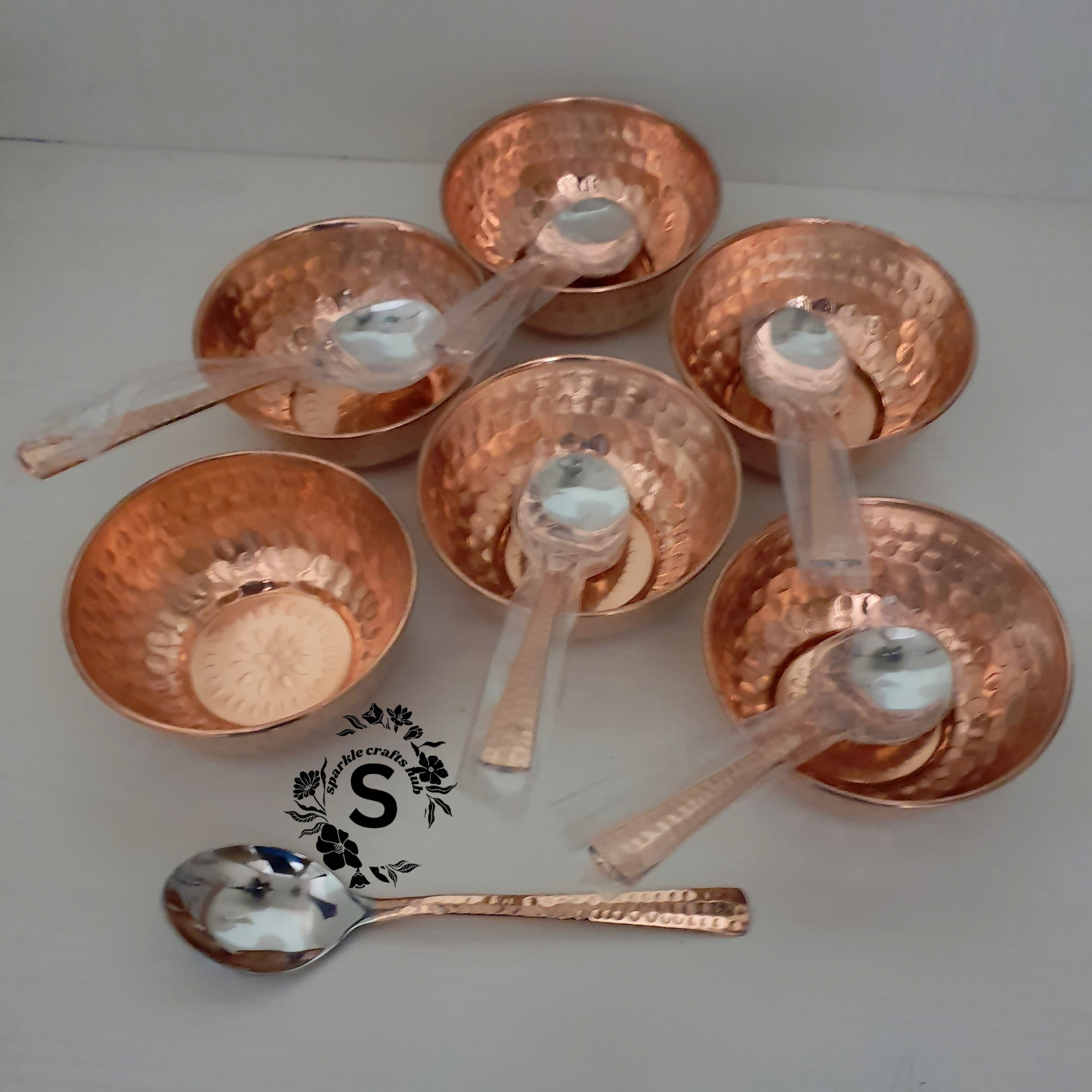 Antique Traditional Serving Pure Copper Bowls, Tableware Dinnerware With 6 Spoon