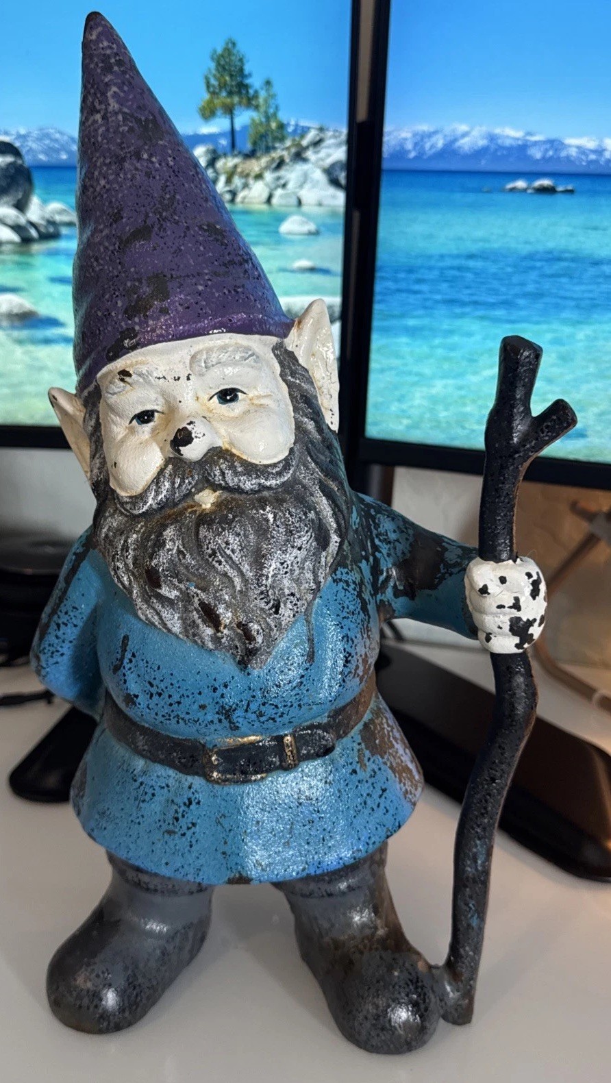 Vintage Mid Century Cast Iron Gnome w/ Walking Stick 14” Garden Decor (B)