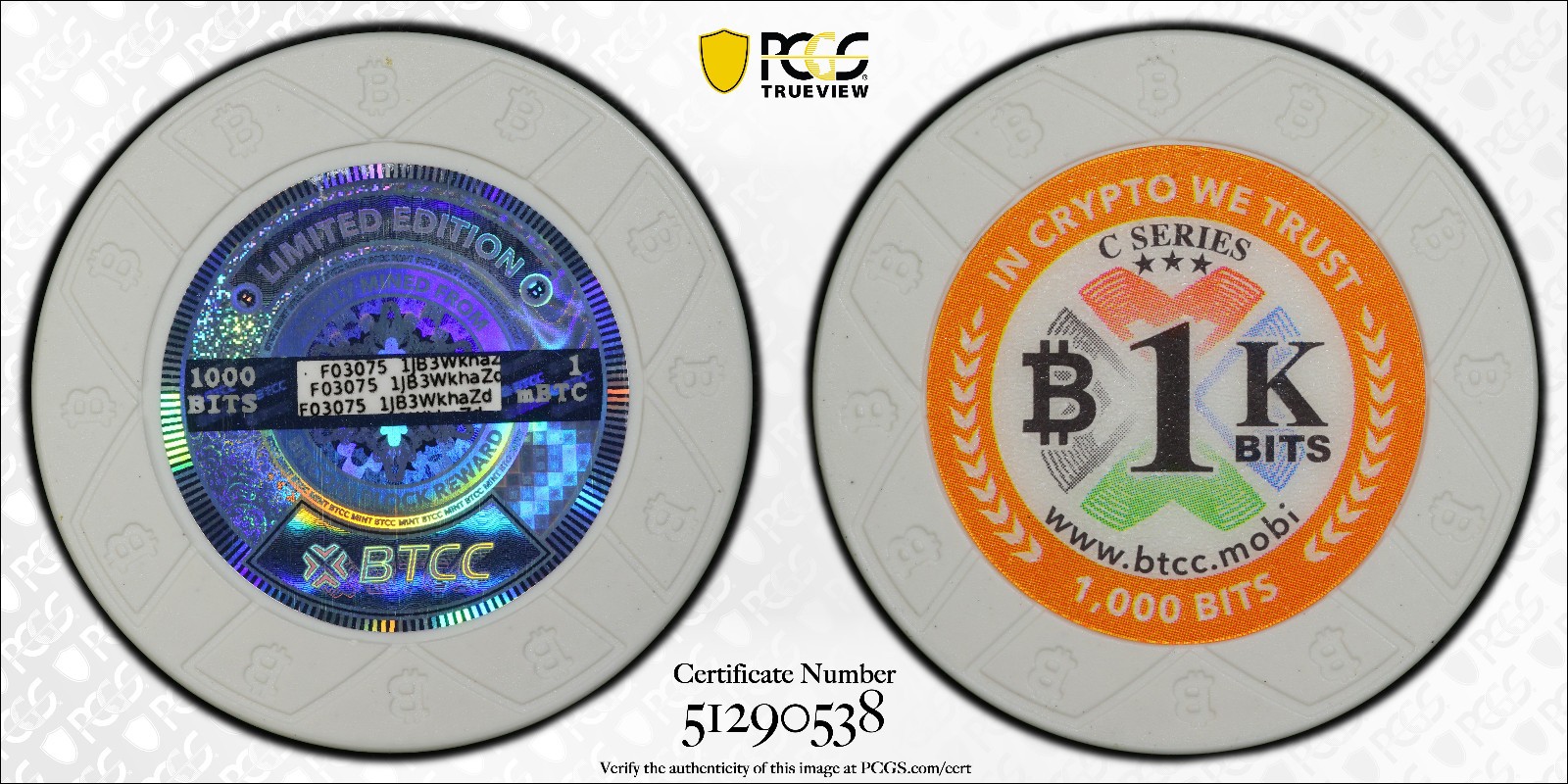2016 BTCC 1K Bits White Bit Coin Poker Chip PCGS MS-69 Otoh Collection 0.001 BTC
