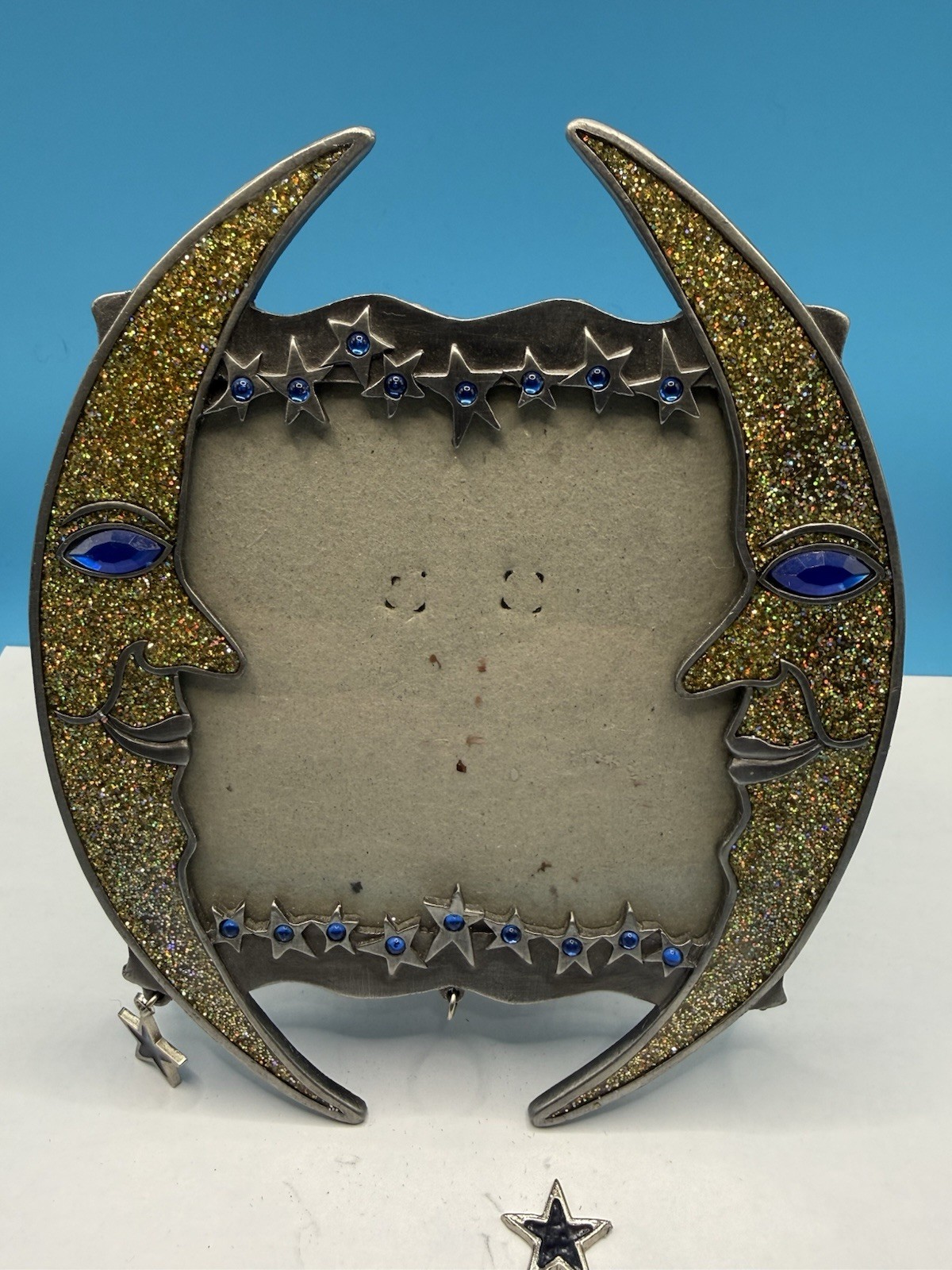 Vintage 90s Celestial GoldSparkle Crescent Moon Stars Stones Metal Picture Frame