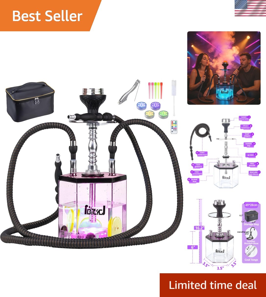 NBILIC 2 Hose Large Hookah Set –  Acrylic Shisha Hookah with Everythin...