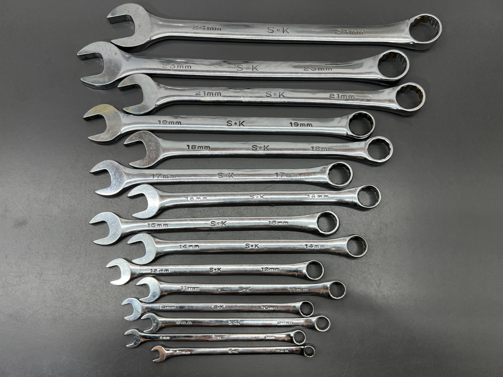 (x) SK S-K TOOLS 15pc CHROME METRIC WRENCH SET 7-24mm - VGC - MADE IN USA