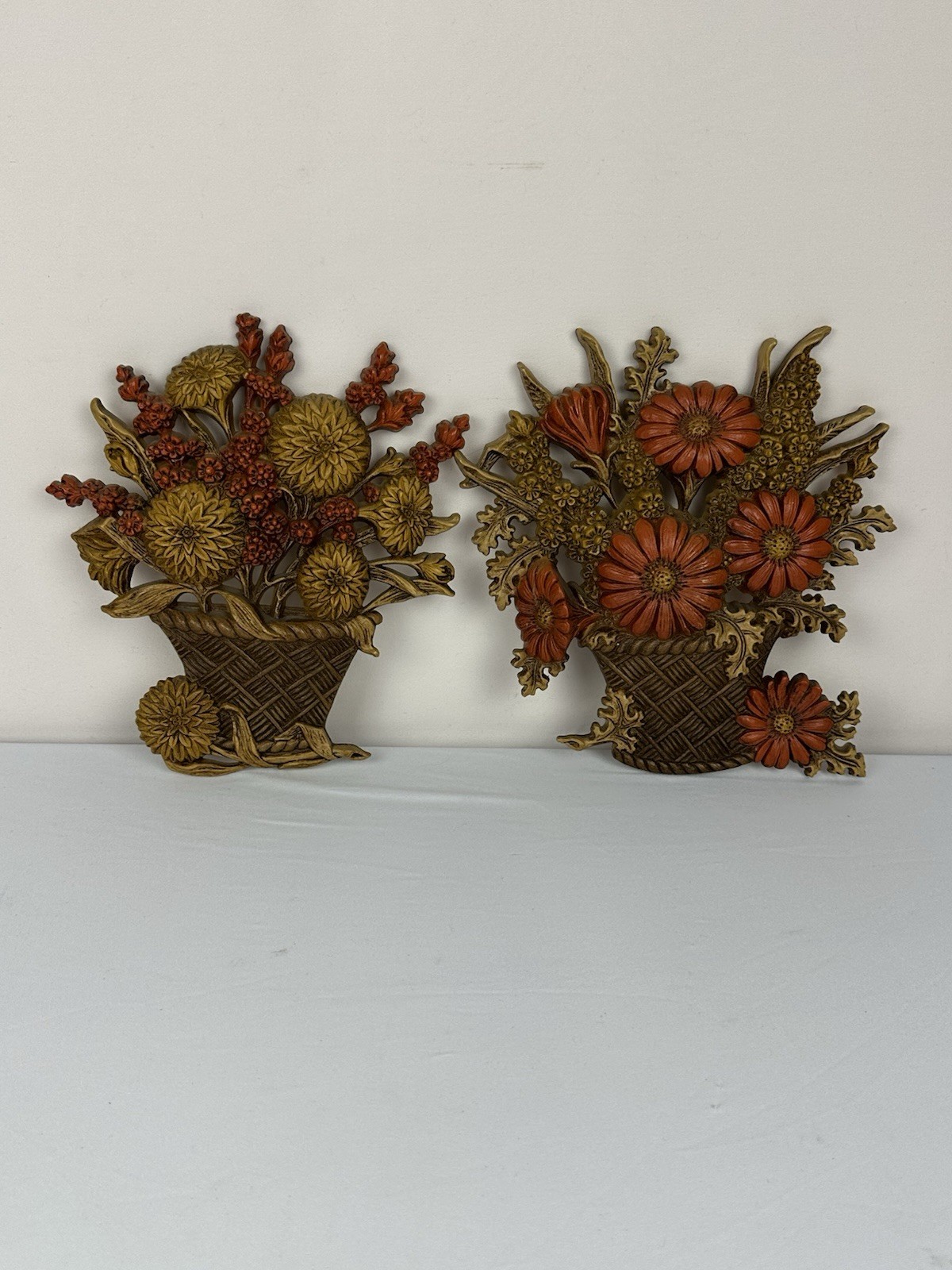 Vintage Pair Burwood Homeco Molded  Fall Wall Hangings Autumn Flower Basket MCM