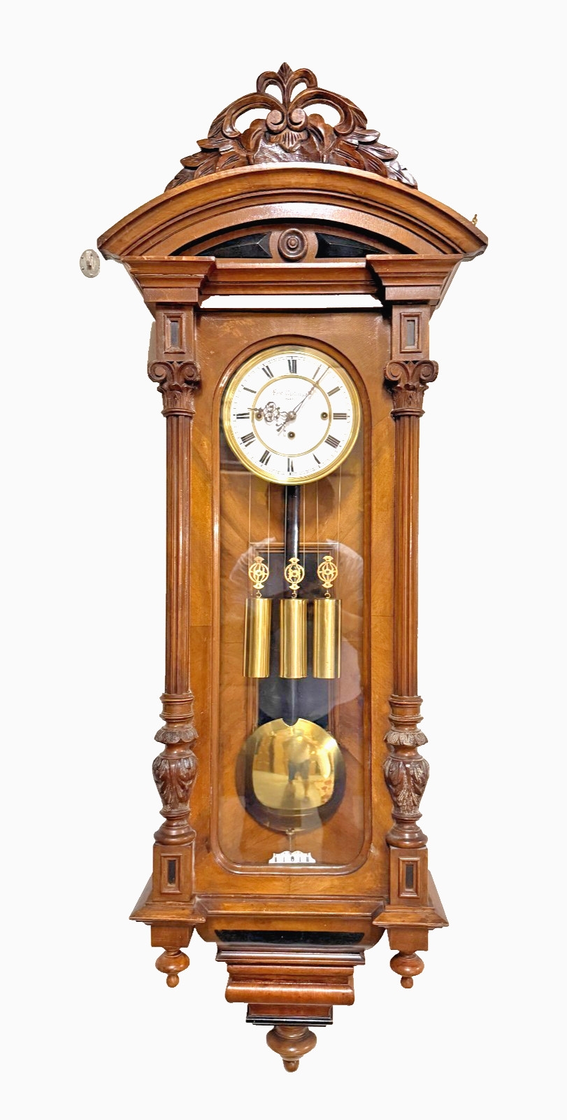 Antique 1895 German 3 Weight Driven Highly Carved Vienna Regulator Wall Clock