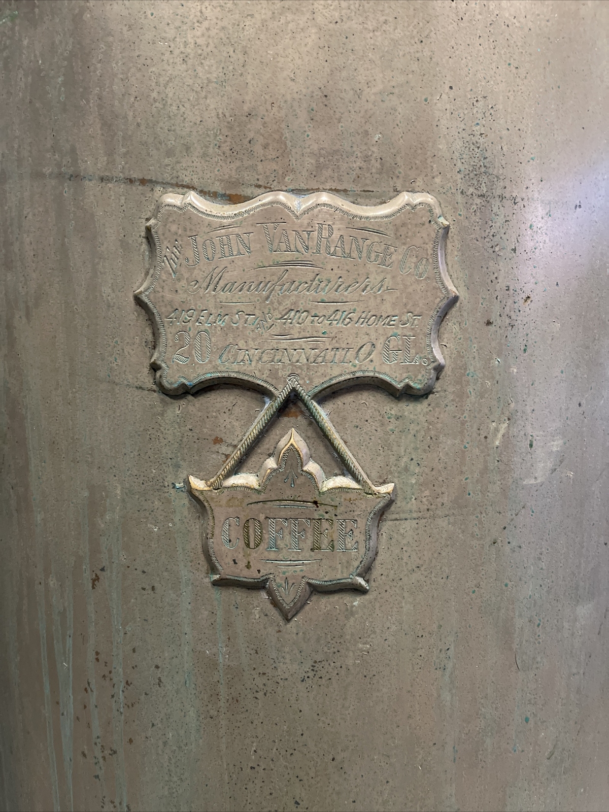 VINTAGE JOHN VAN RANGE COMPANY COFFEE URN 20 GAL 419 ELM STREET CINCINNATI OHIO