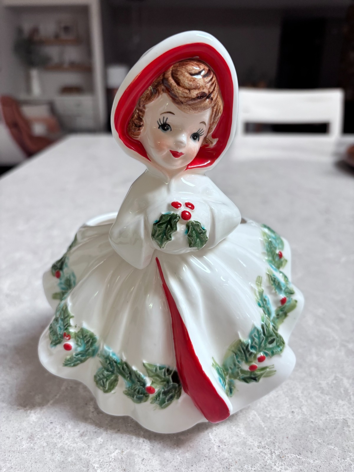 Vintage Relpo Ceramic Christmas Girl Planter With Holly Red Hooded Cape 6024