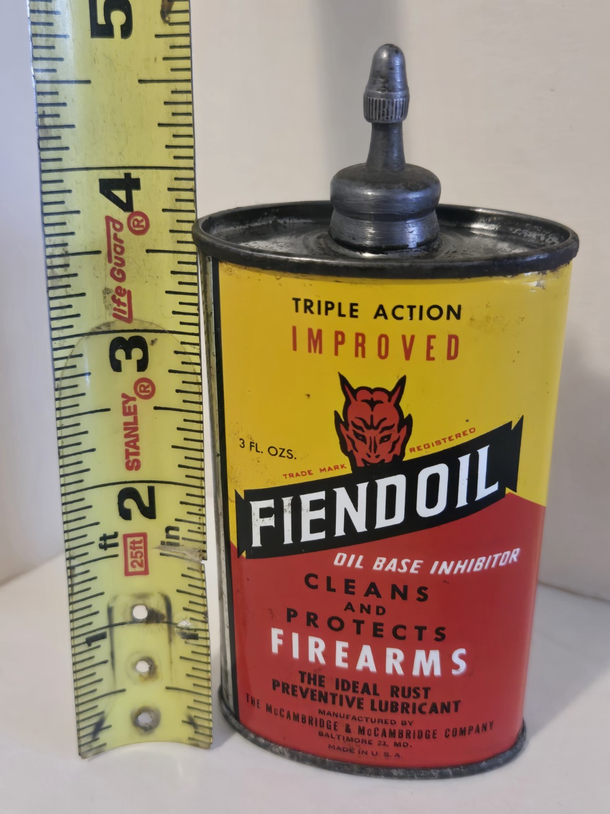 1940\'s ~VTG FIENDOIL ~3oz LEAD TOP OILER CAN GUN OIL ADVERTISING TIN~ DEVIL HEAD
