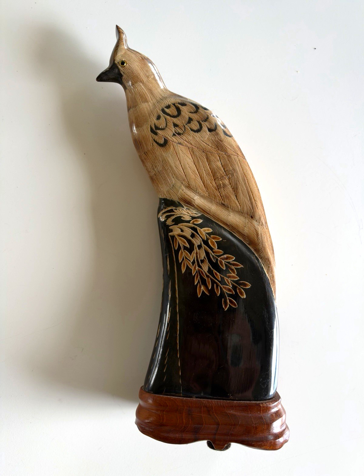 Vintage Carved Water Buffalo Horn Hand Carved Detailed Bird Sculpture Woodbase