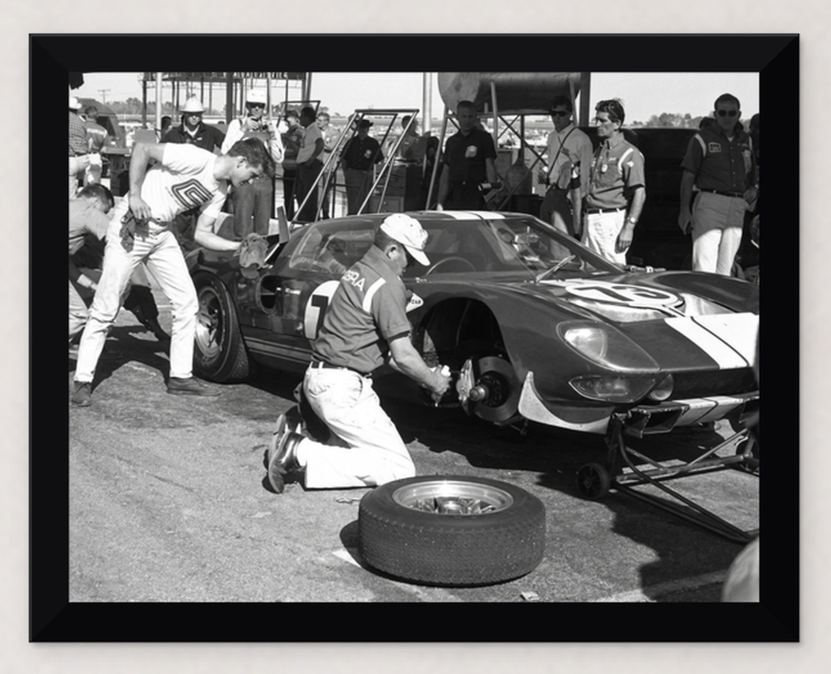 FRAMED COBRA PIT CREW WORKING A 1964 FORD GT40 - READY TO DISPLAY 11X8.5