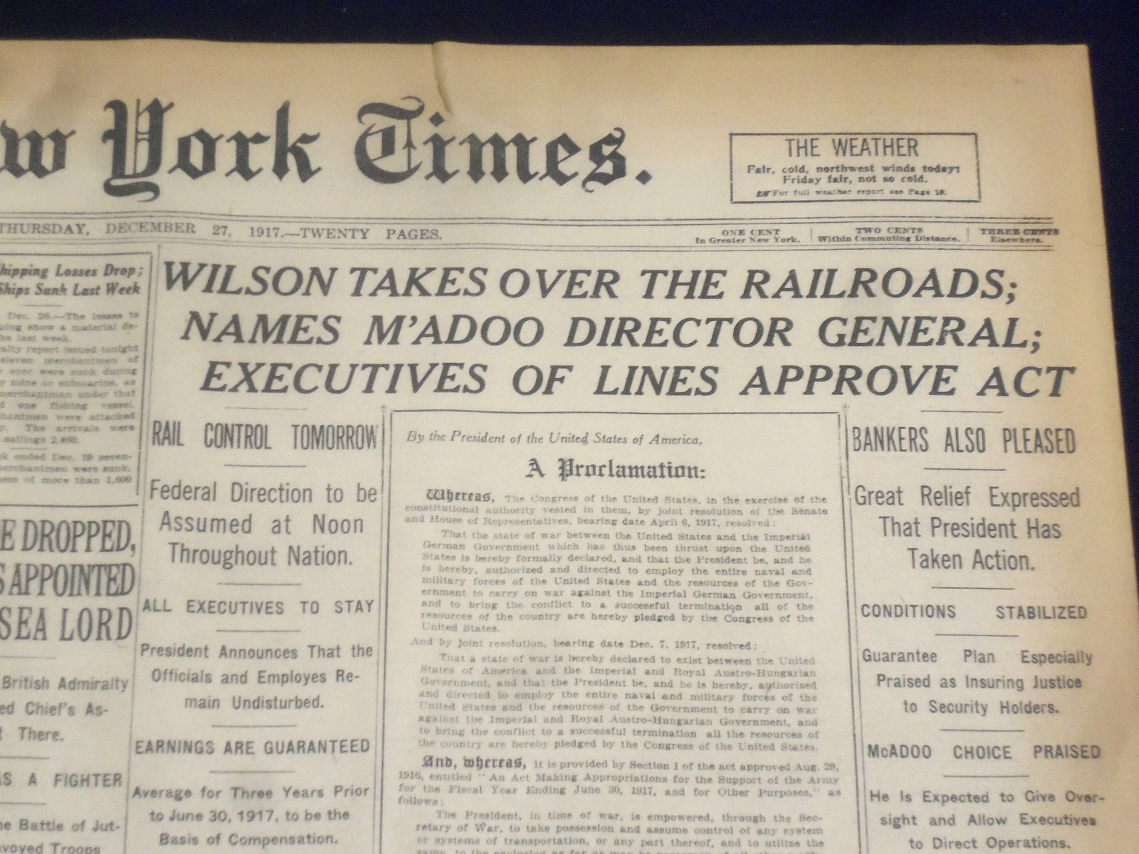 1917 DECEMBER 27 NEW YORK TIMES - WILSON TAKES OVER RAILROADS - NT 8265