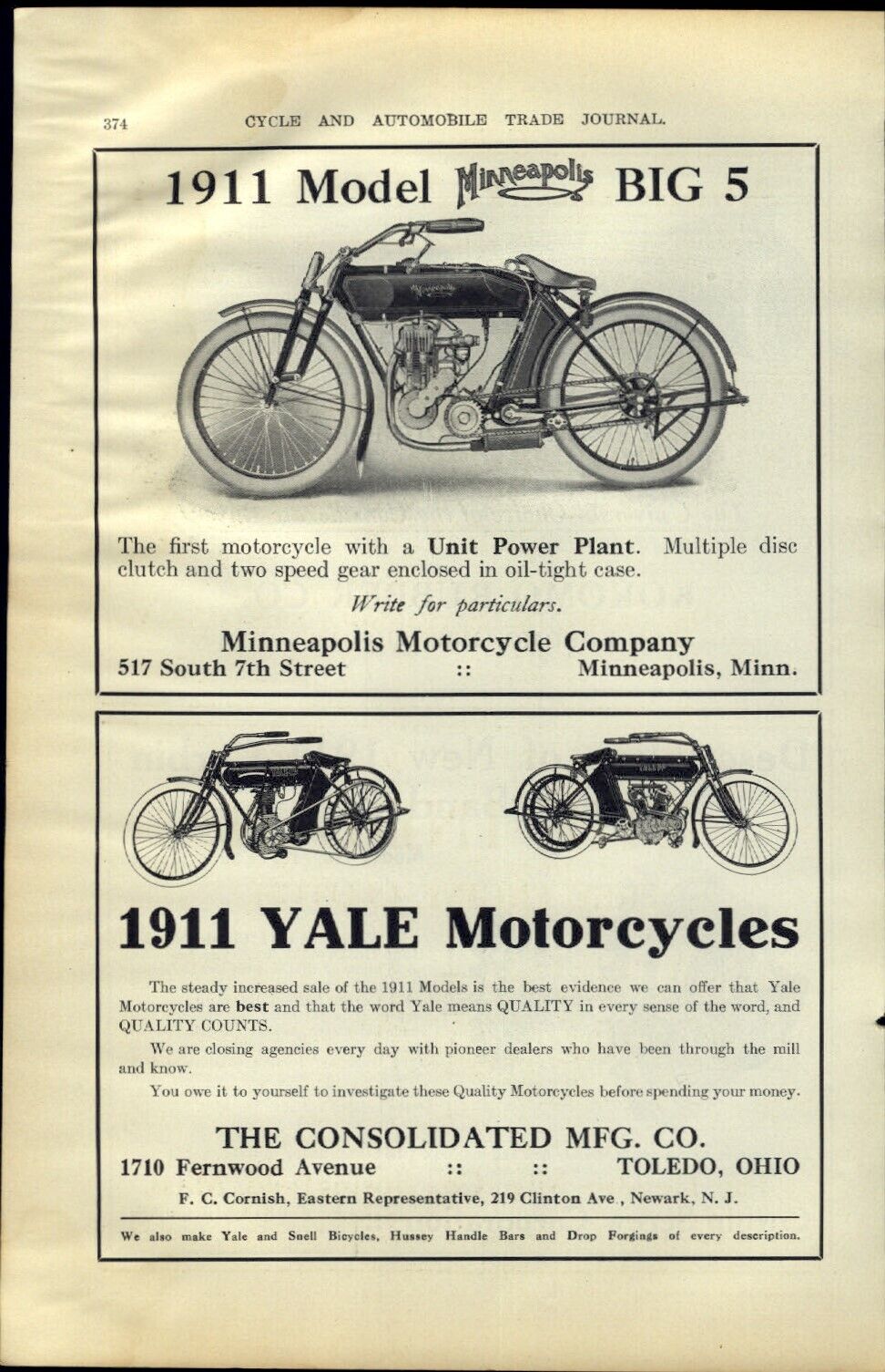 1911 PAPER AD Minneapolis Big 5 Yale Motorcycle Toledo Ohio 