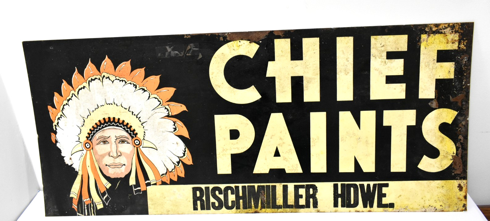 c. 1960’s Chief Paints Tin Sign Original Double Sided Indian Advertisement 28x12