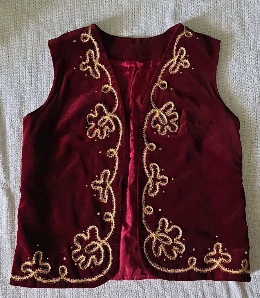 Vintage Bohemian Velvety Vest Tunic Burgundy Gold Embroidered Velvet Silk Size S