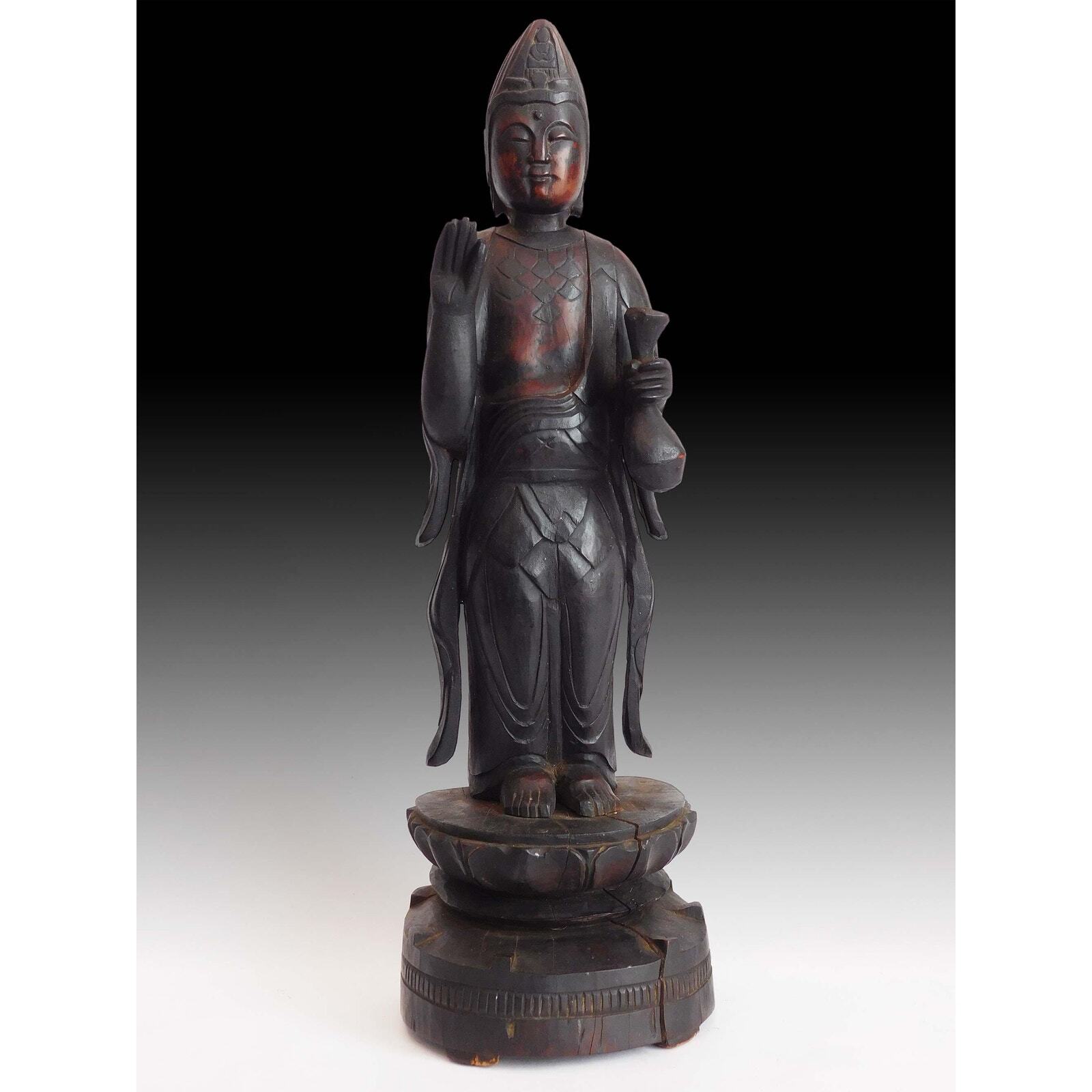 Early Edo Kannon Bosatsu Antique Japanese Walnut Wood Guan Yin Carving 18”H 觀音菩薩