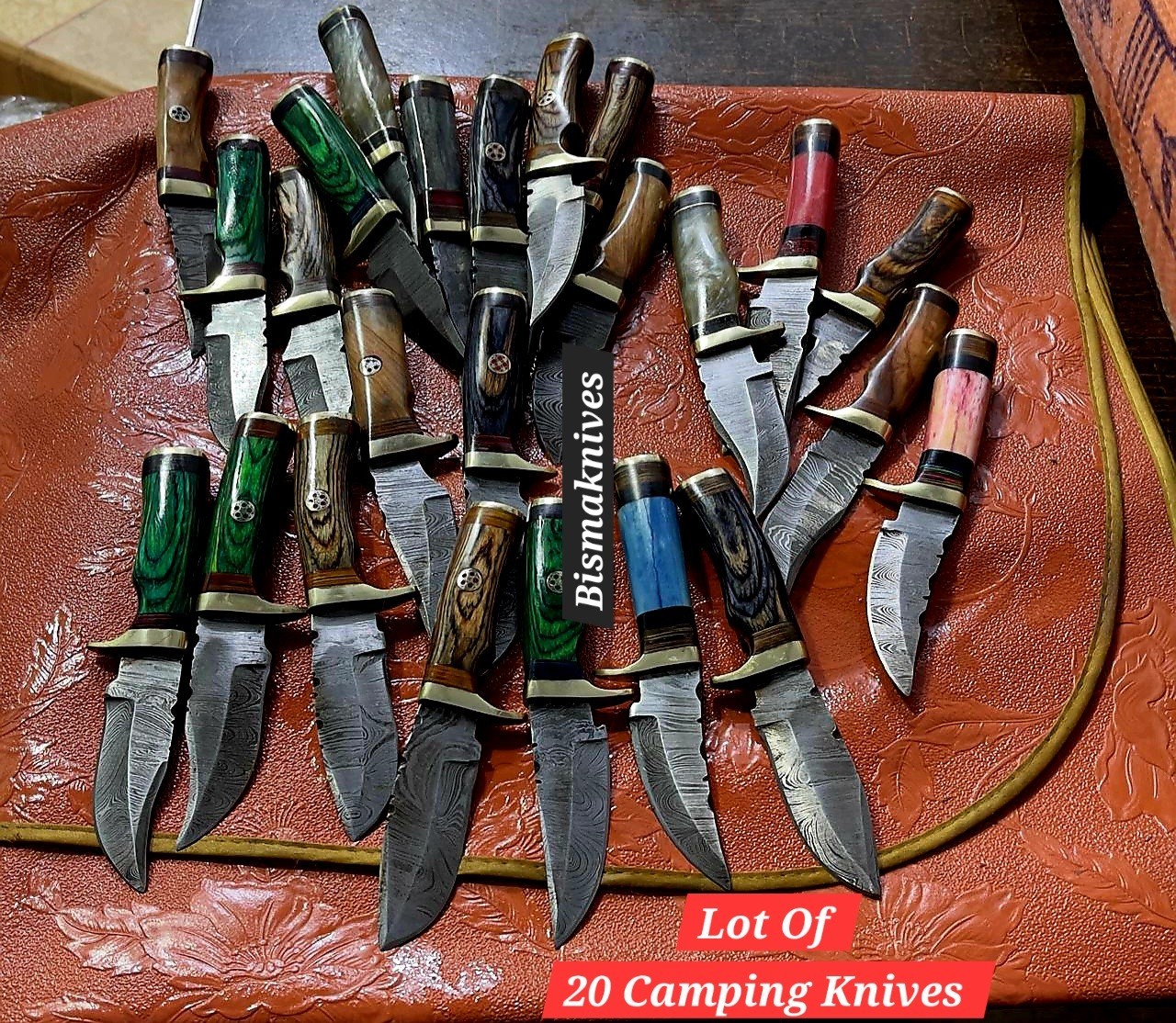 Lot of 20 HANDMADE DAMASCUS STEEL 6 inches  CAMPING KNIVES WITH LEATHER SHEATH