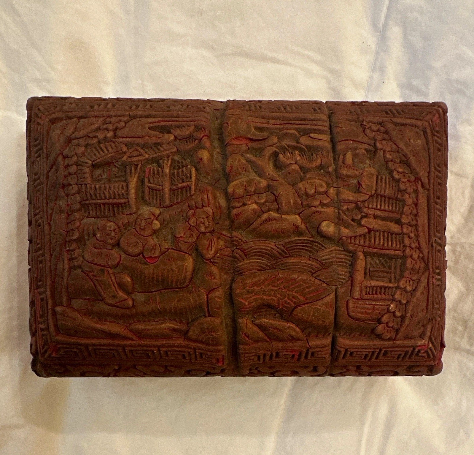 Antique 19thC Chinese Cinnabar Lacquer Box - Hand-Carved Landscape- Qing