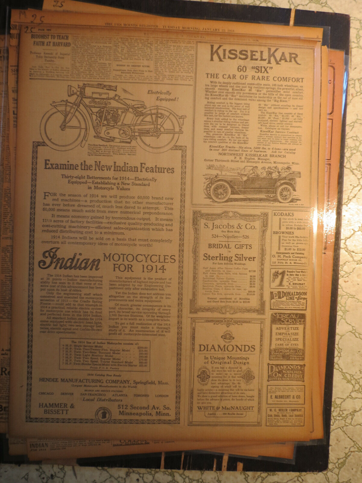 Motorcycle History Newspaper 1913 INDIAN MINNEAPOLIS MN + AUTO KISSELKAR