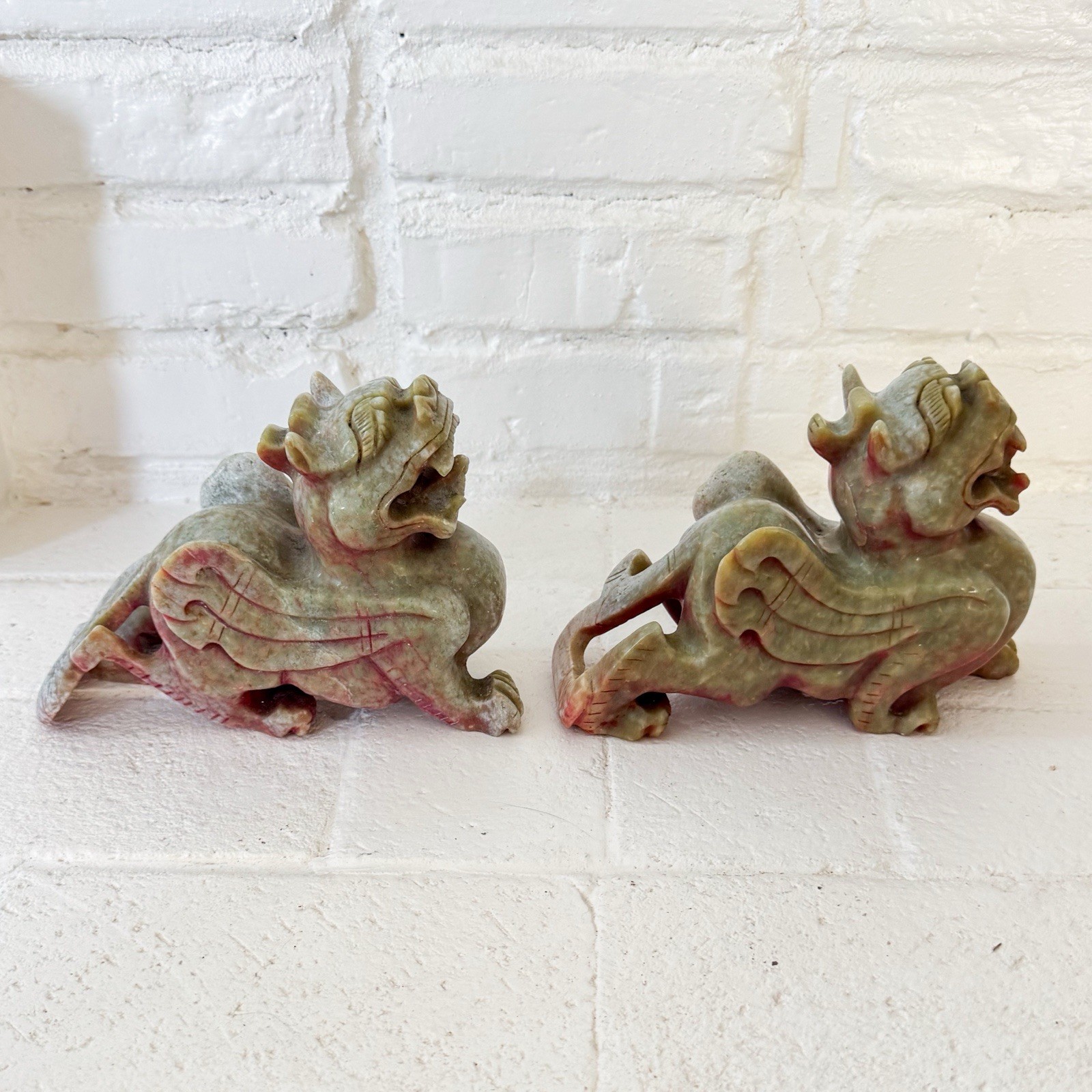 Pair Vintage Chinese Carved Stone Foo Dogs Guardian Lions Green Red 7”