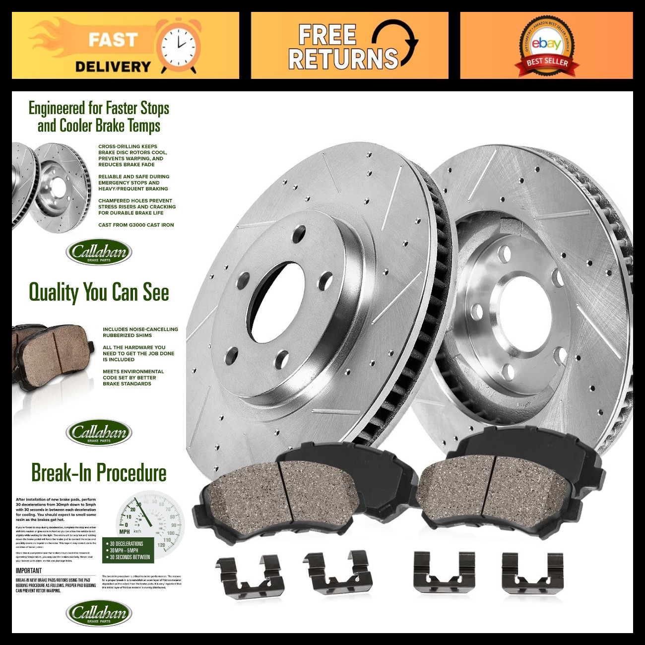 Callahan BRAKE PARTS Front Drilled Slotted Brake Disc Rotors and Ceramic Brake P