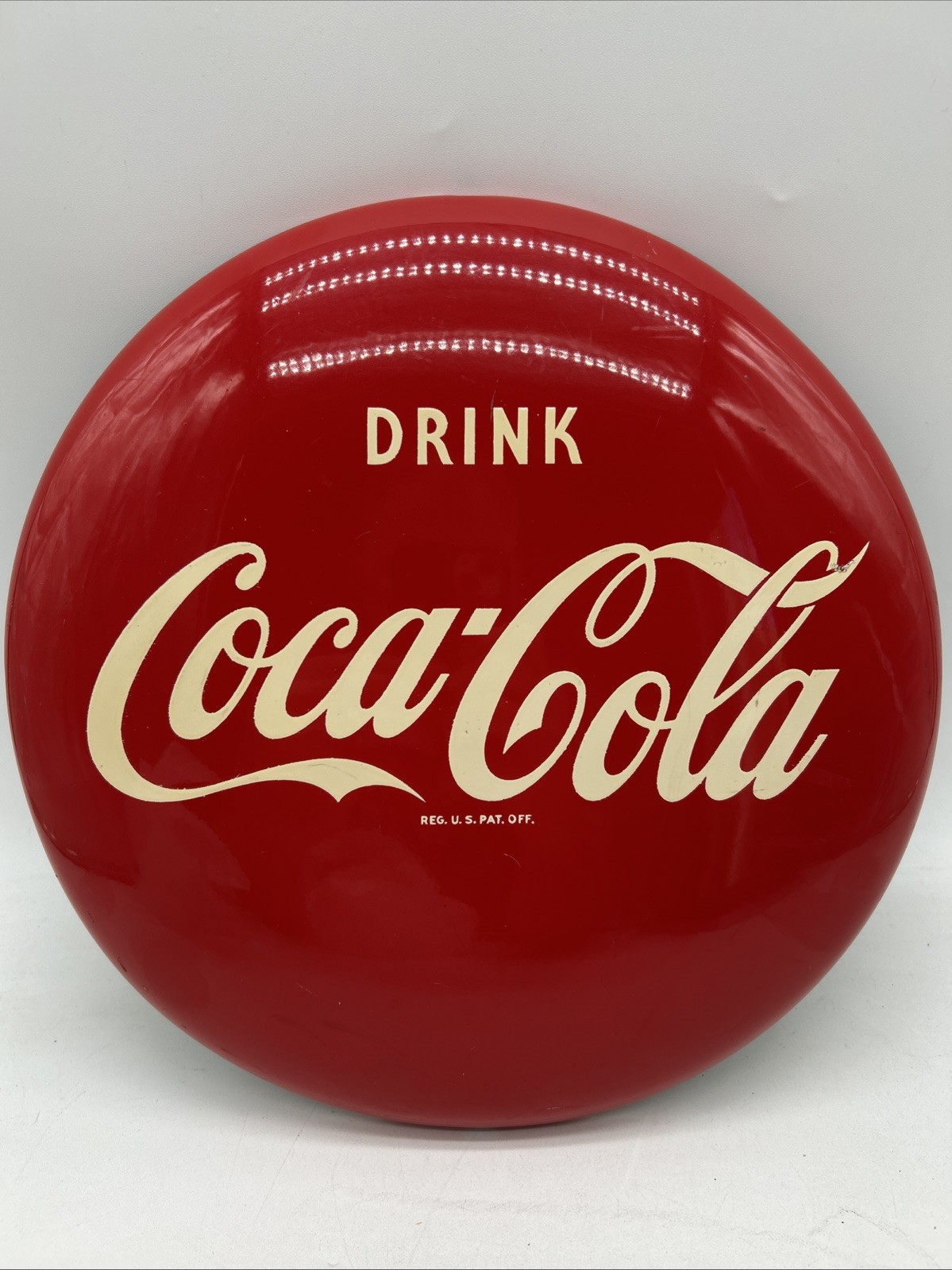 c.1950s Original Vintage Coca Cola Button Sign Metal 12 Inch Soda Coke