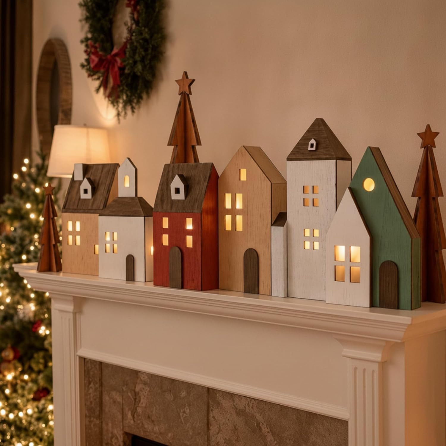 9 Pc Lighted Wooden Christmas Village Set Holiday Tabletop Home Decor
