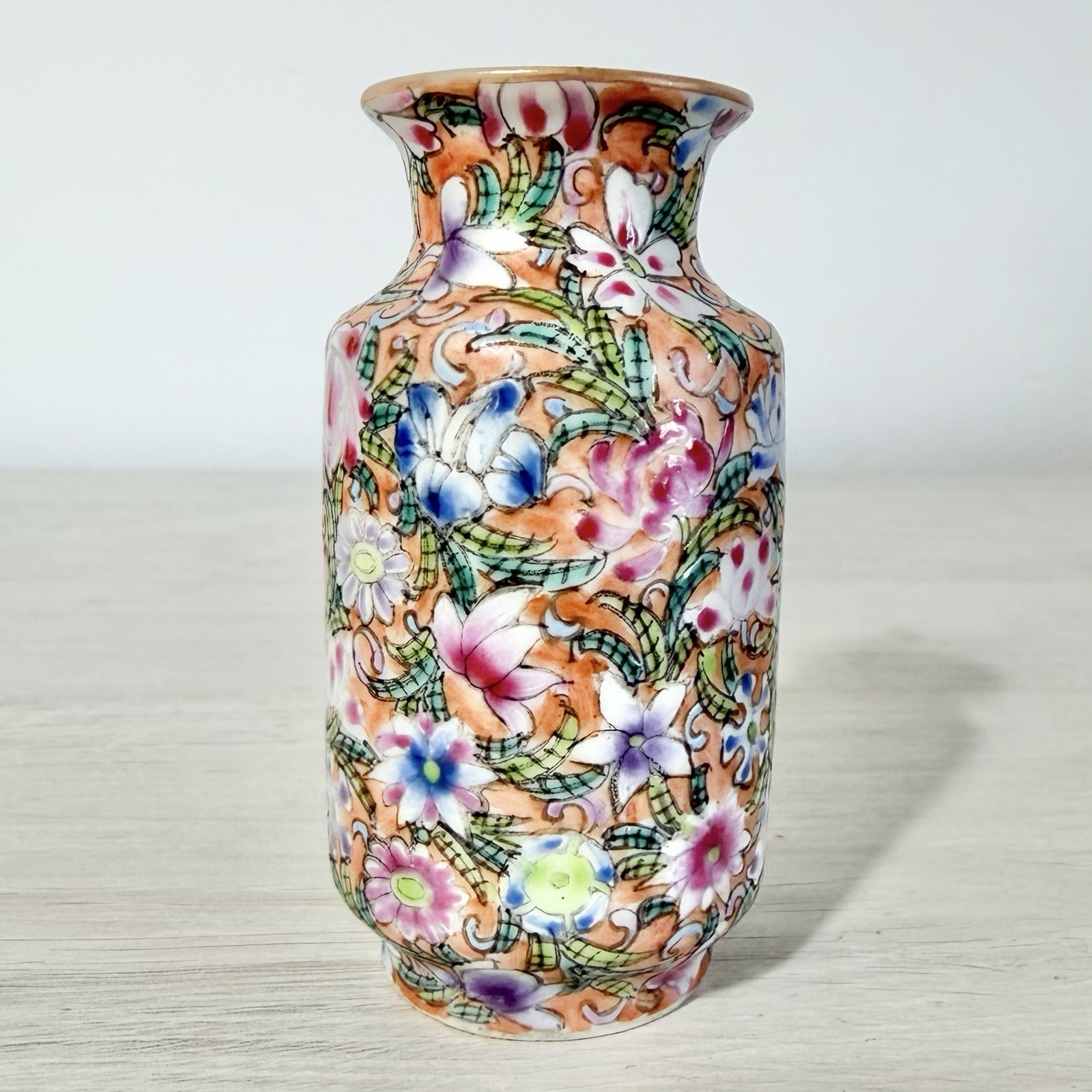 Vintage Chinese Jingdezhen Millefleur Famille Rose Mini Vase Hand Painted Gilt