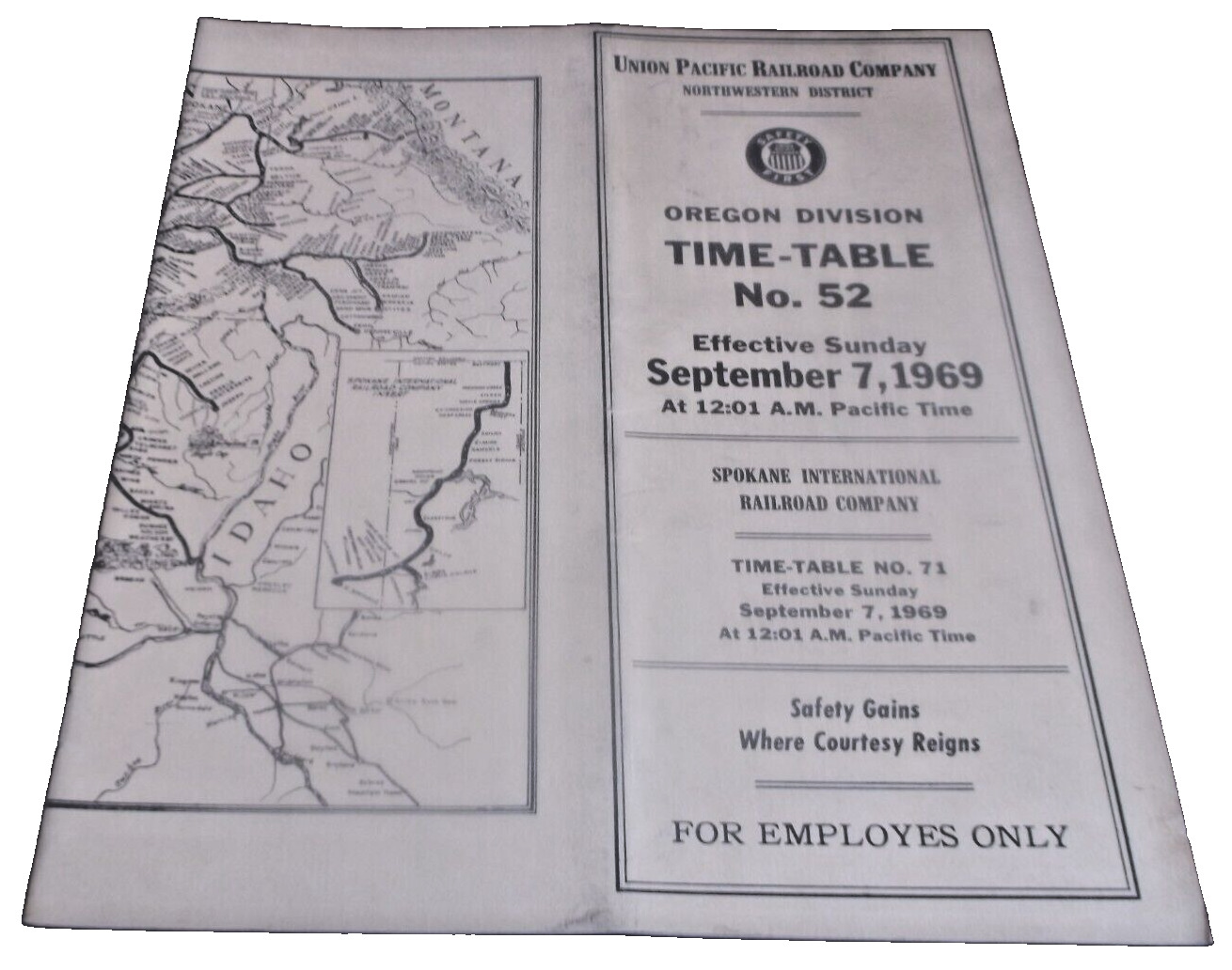 SEPTEMBER 1969 UNION PACIFIC OREGON DIVISION EMPLOYEE TIMETABLE #52