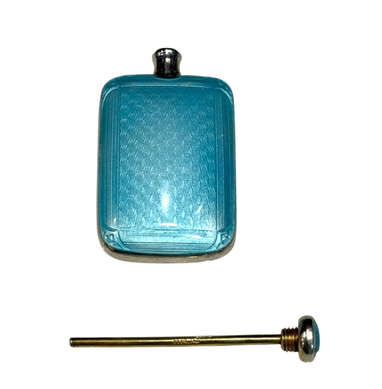 Antique Sterling Silver Guilloche Blue Enamel Mini Perfume Bottle