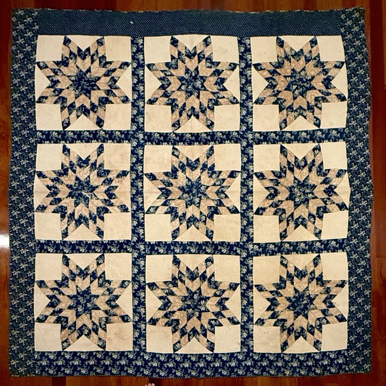 Antique 19th Century Indigo 9 Lone Star Quilt 1800s Hand Quilted Signed 89 x 86