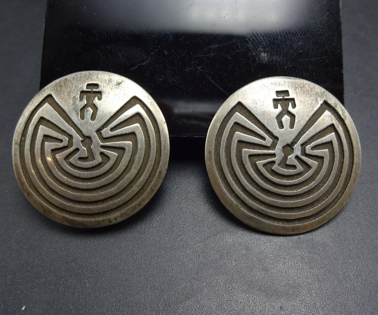Danielle Wadsworth HOPI Sterling Silver Overlay MAN in the MAZE EARRINGS Clip On