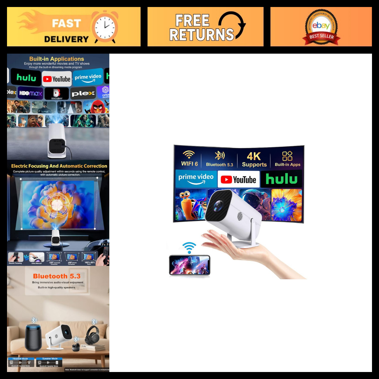 Mini Projector with Wifi and Bluetooth, Built-in Apps,Movie Projector