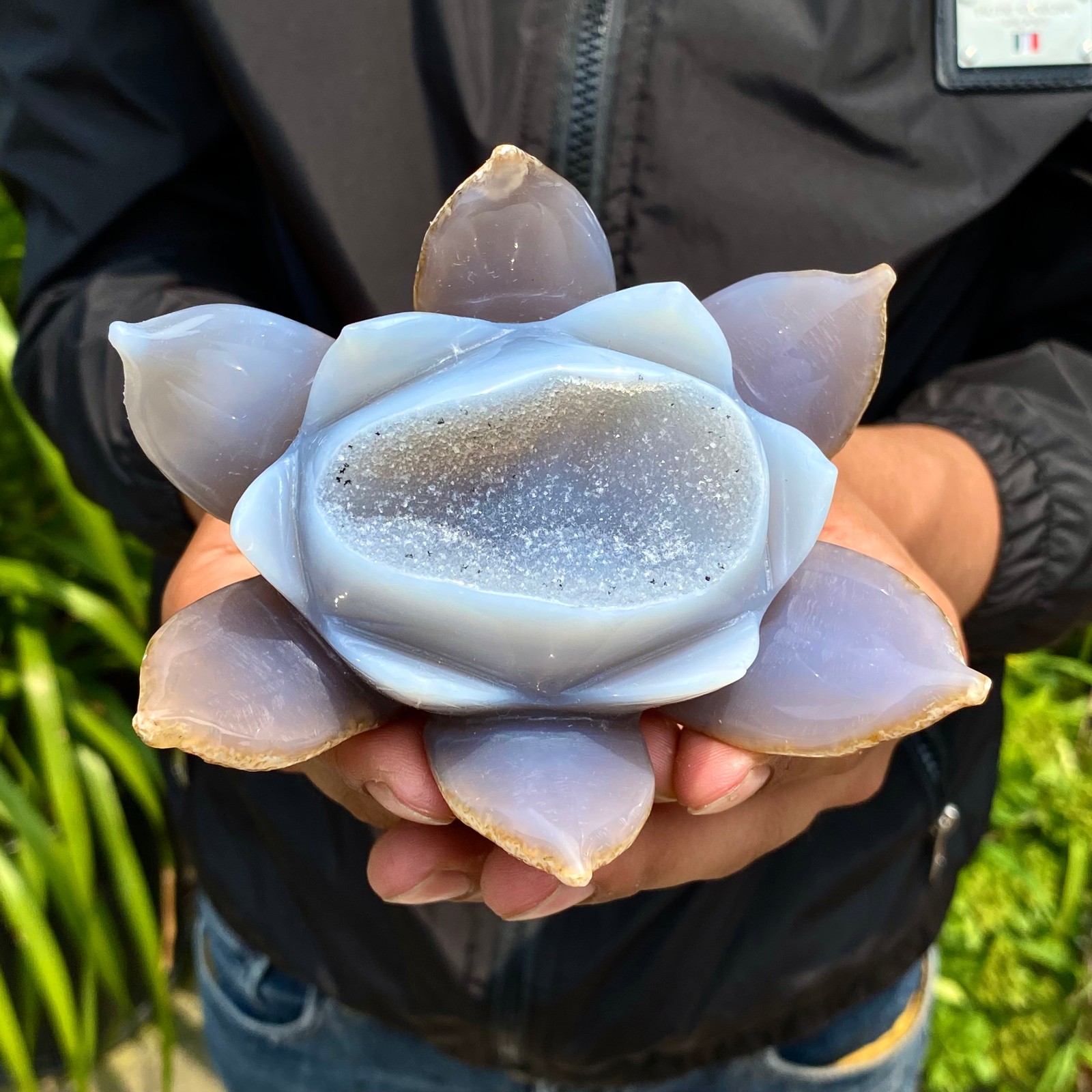403G Natural Agate Geode Carved Lotus Flower, Hand Carved Healing Crystal Home