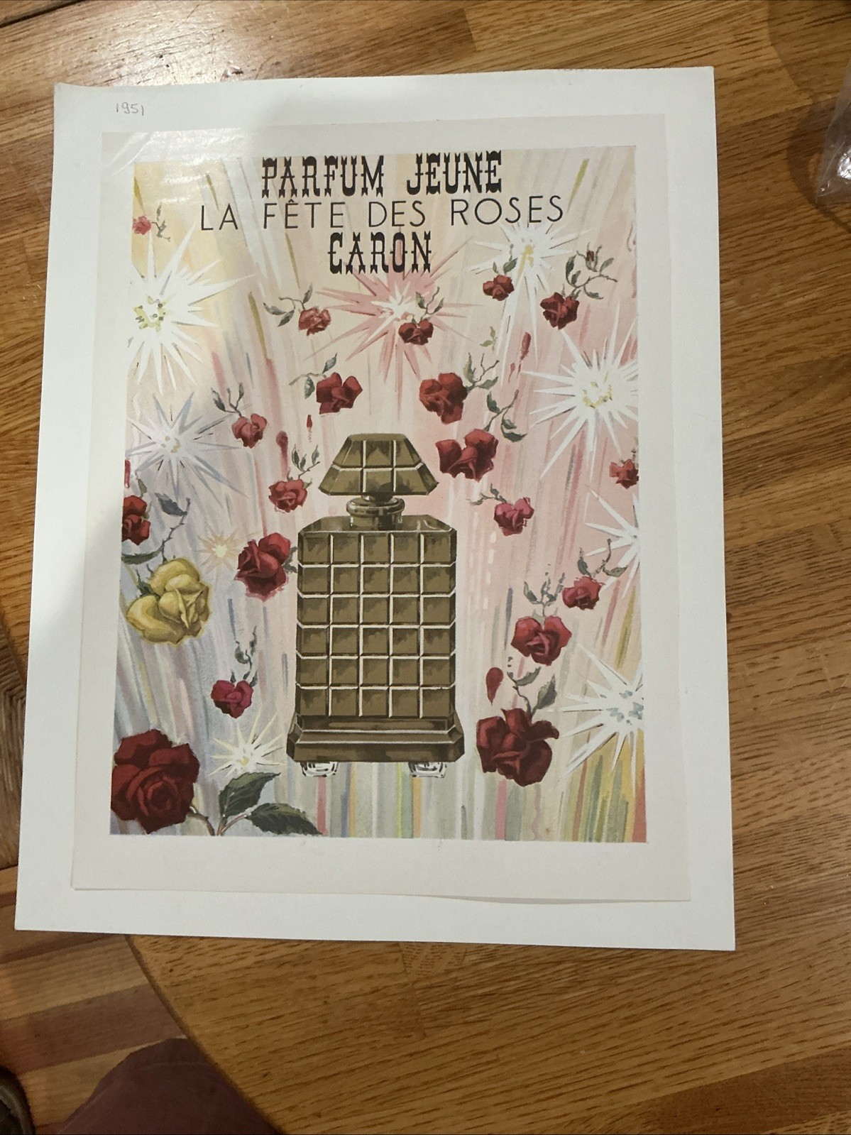1951 PARFUM JEUNE Caron PRINT AD La Fete Des Roses Parfum Bottle