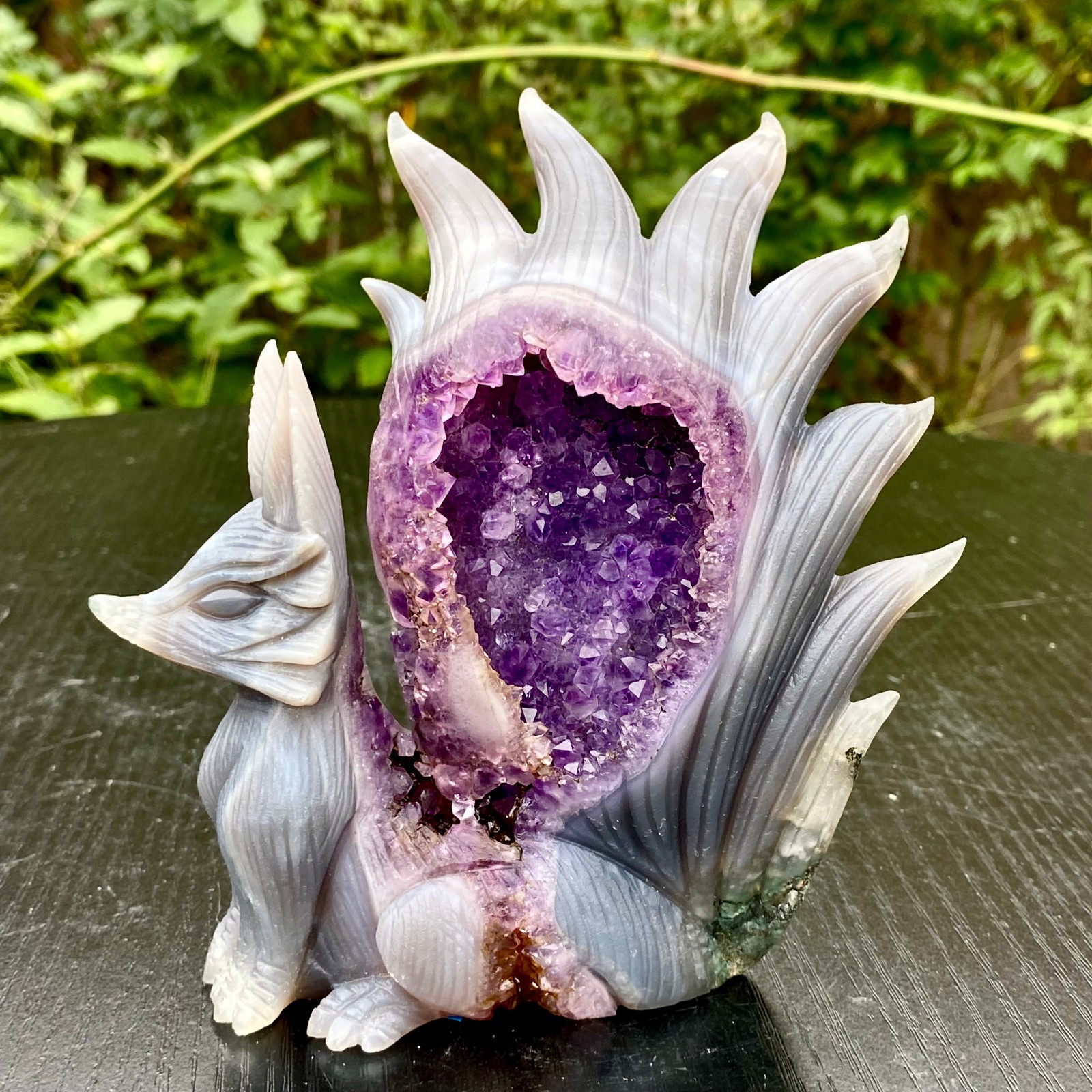 1.4LB  Natural Agate Geode Hand Carved Nine-tailed Fox Quartz Crystal Decor