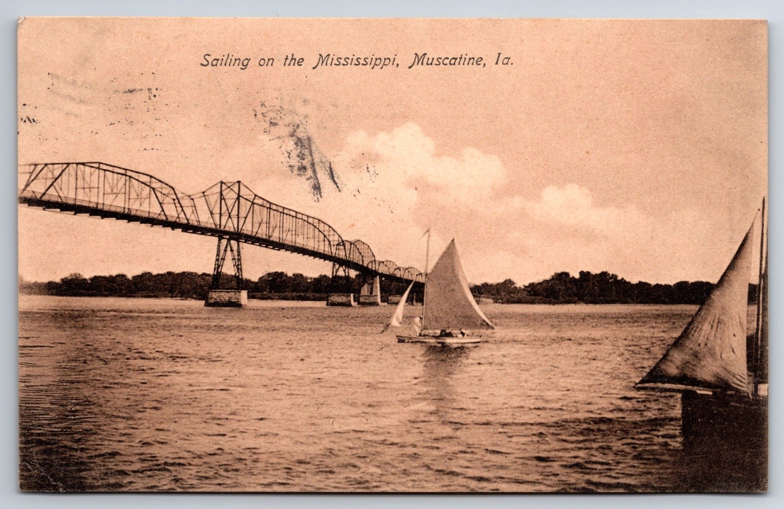 Sailing on Mississippi River, High Bridge Muscatine Iowa- 1908 d/b Postcard