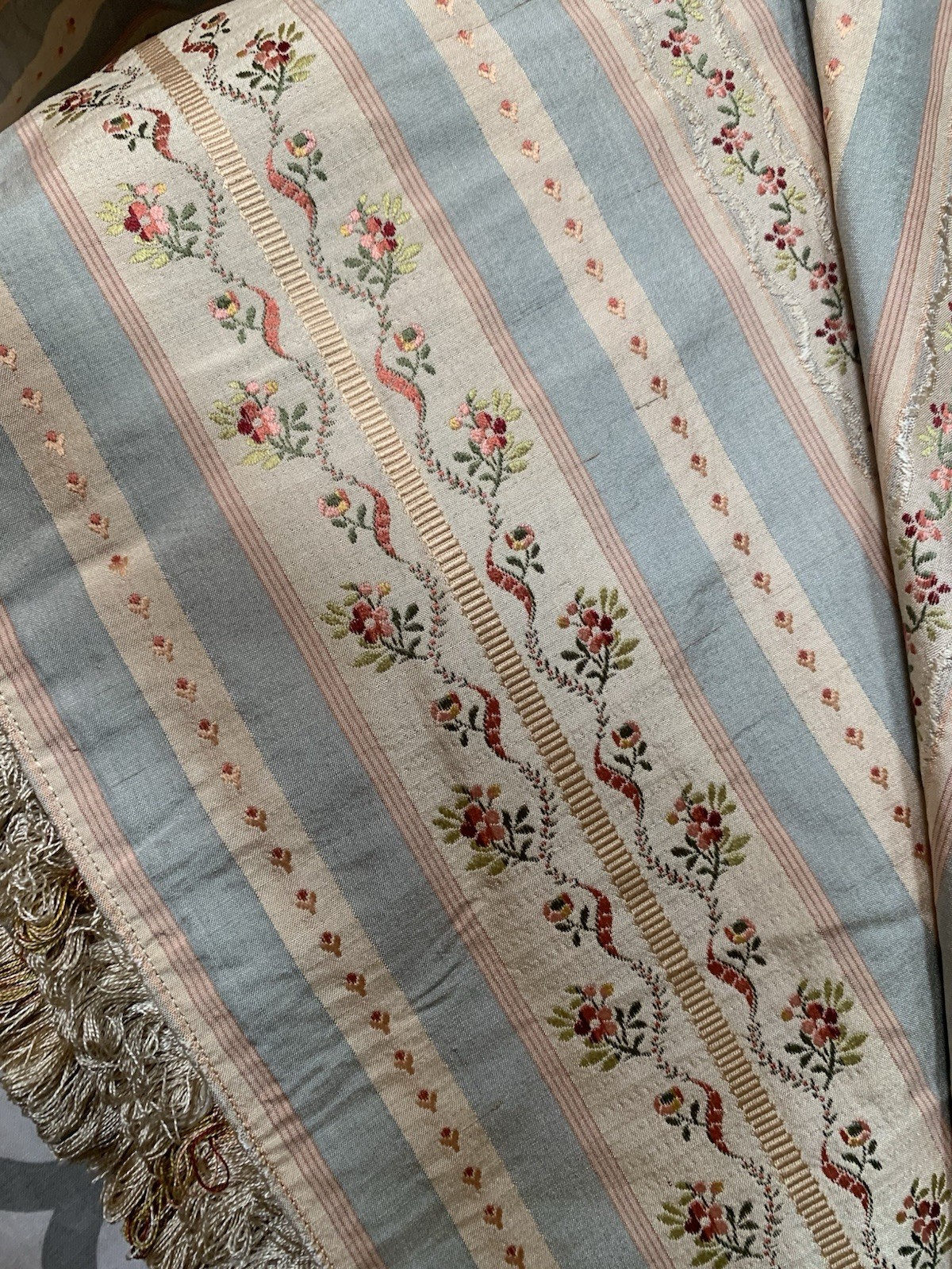 Vintage French Silk Curtain Panel Lined Double Silk Floral Stripe - 131” X  48”