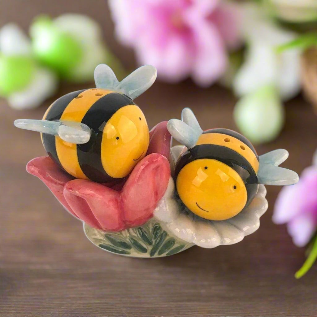 Blue Sky Clayworks Bumble Bee and Flower Salt and Pepper Shaker Set