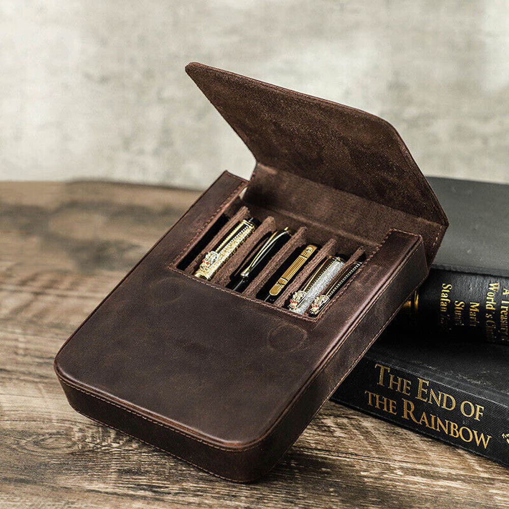 NEW Vintage Genuine Leather Pen Case Office Pencil Holder Pens Organizer Bag USA