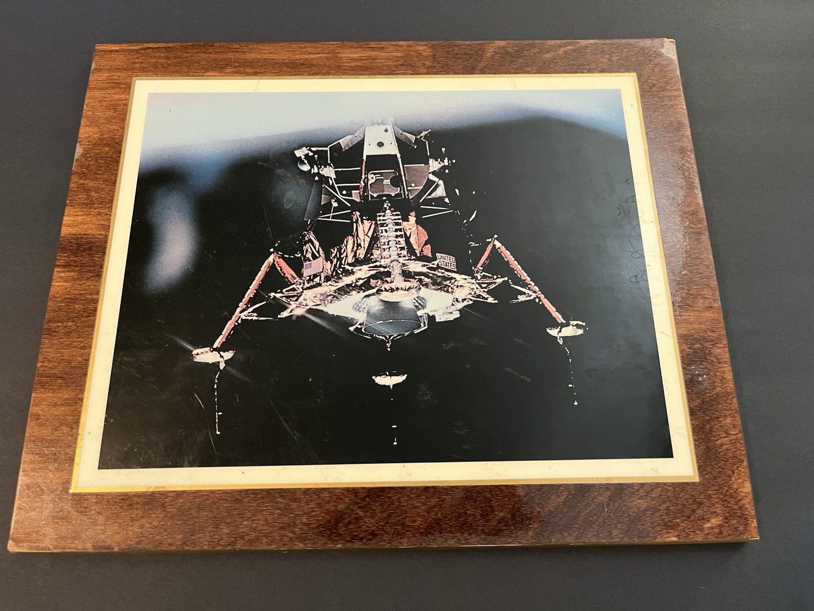 Vintage Apollo Lunar Module Wooden Wall Plaque Perma Plaque Hollywood NASA Photo