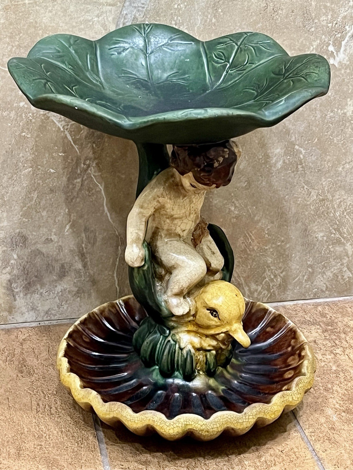 RARE Antique Majolica of Cherub Atop Dolphin w/ Lily Pad Bowl & Shell Base